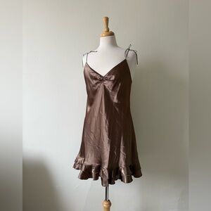Vintage Olive/Brown Satin Slip Dress • La Senza Lingerie • Tie Strap Mini